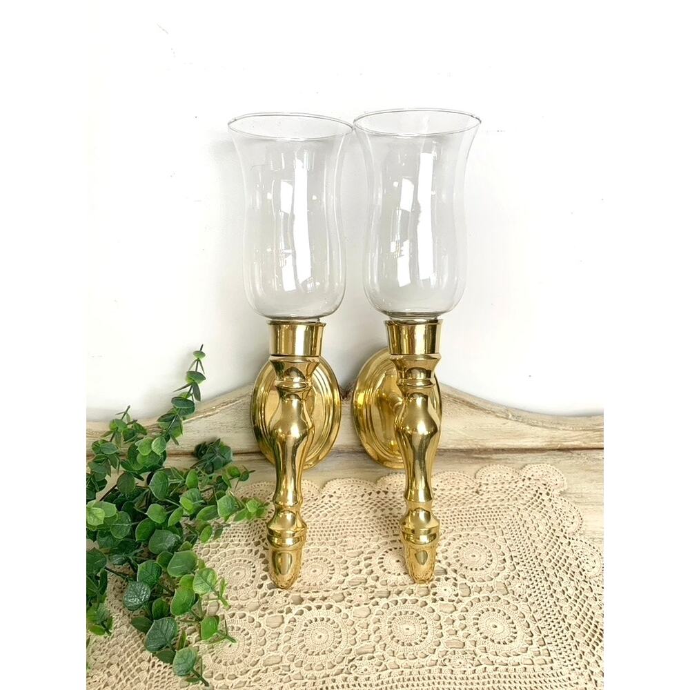 Vintage Brass Wall Sconces with Hurricane Glass Shades Pair Set Decor Old Money